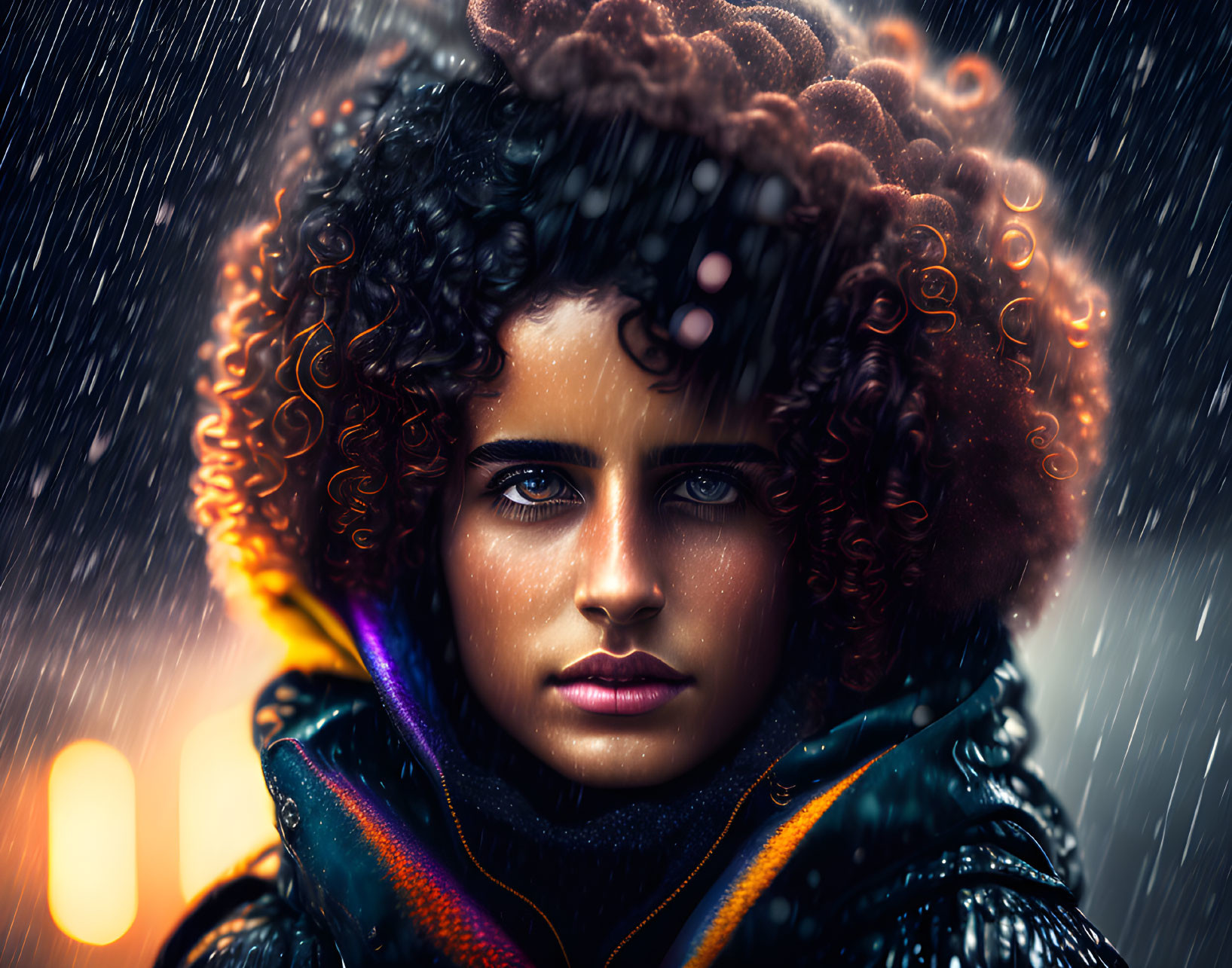 Portrait of a person with curly hair and blue eyes in snowy backdrop