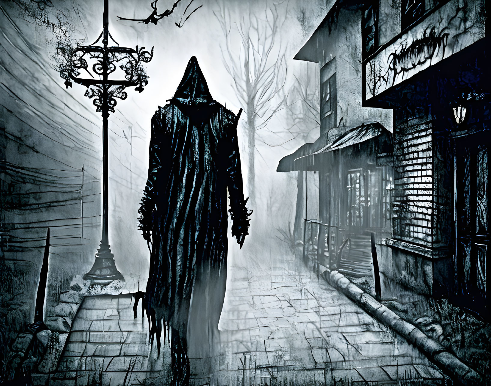 Mysterious cloaked figure in desolate streetscape with dilapidated building.