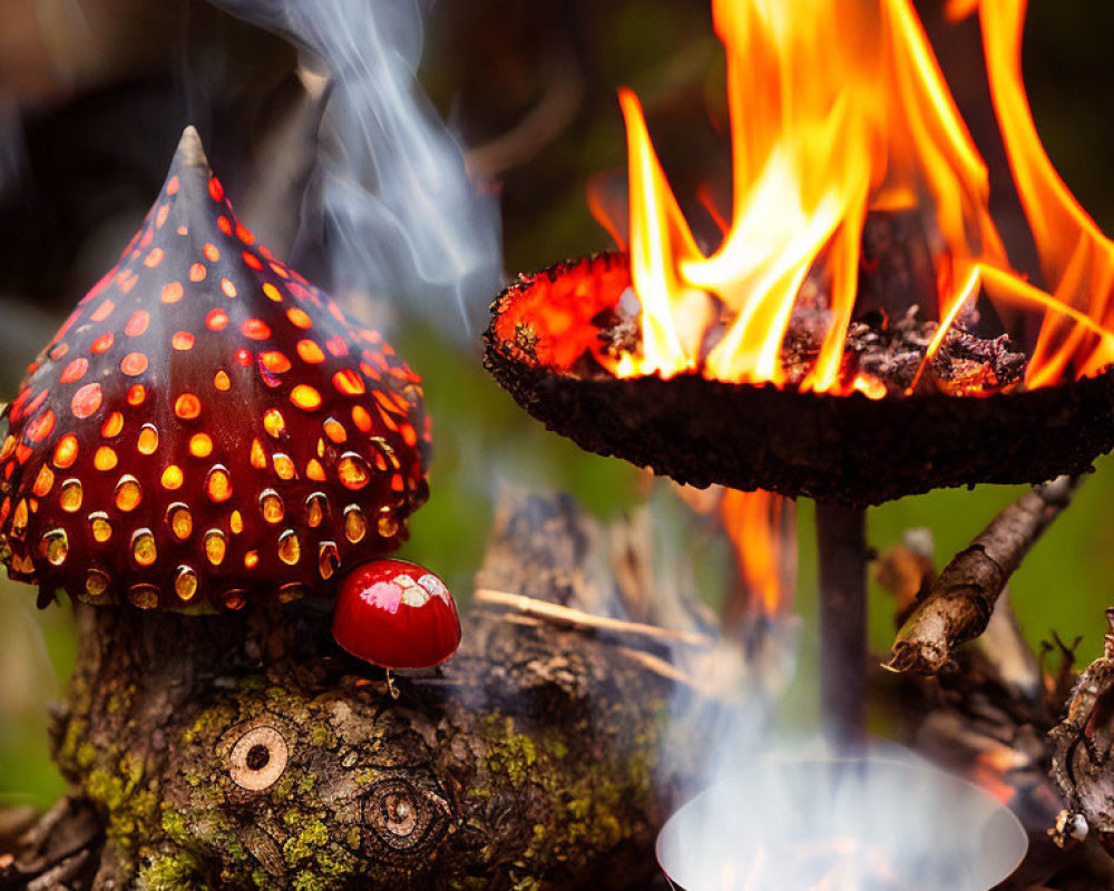 Red mushroom with white spots beside campfire in forest setting