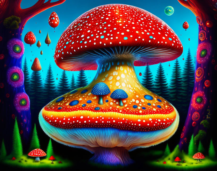 Colorful oversized mushrooms in whimsical forest scene