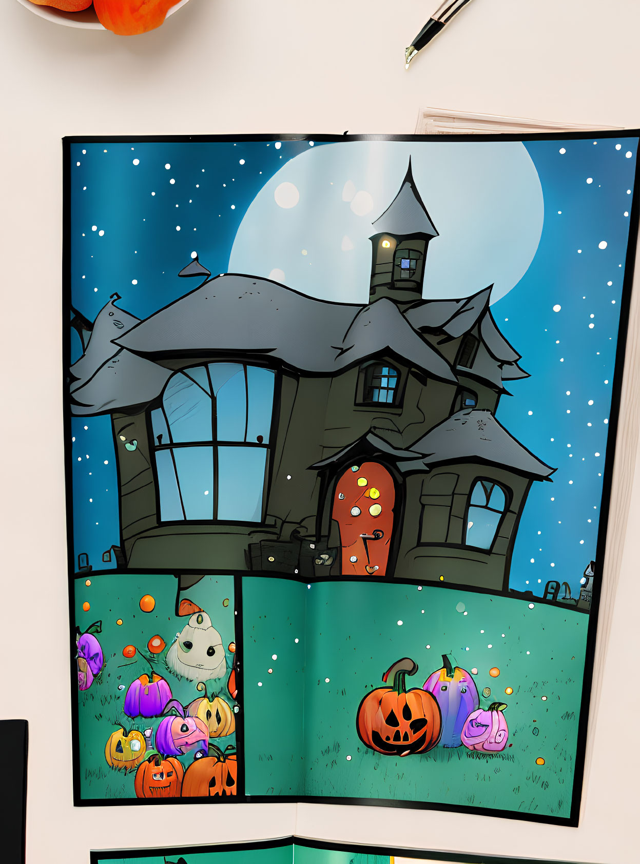 Whimsical crooked house at night with pumpkins, ghost, and full moon