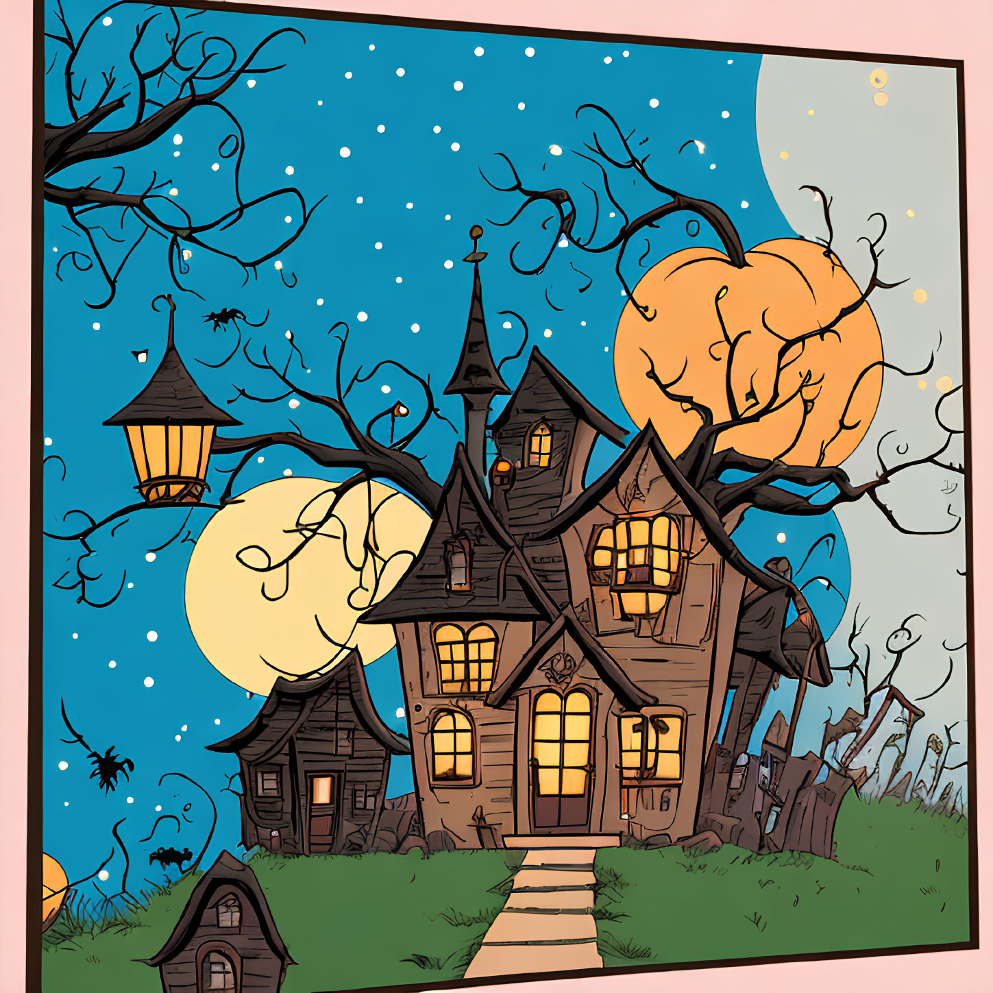 Whimsical haunted house illustration under starry night sky