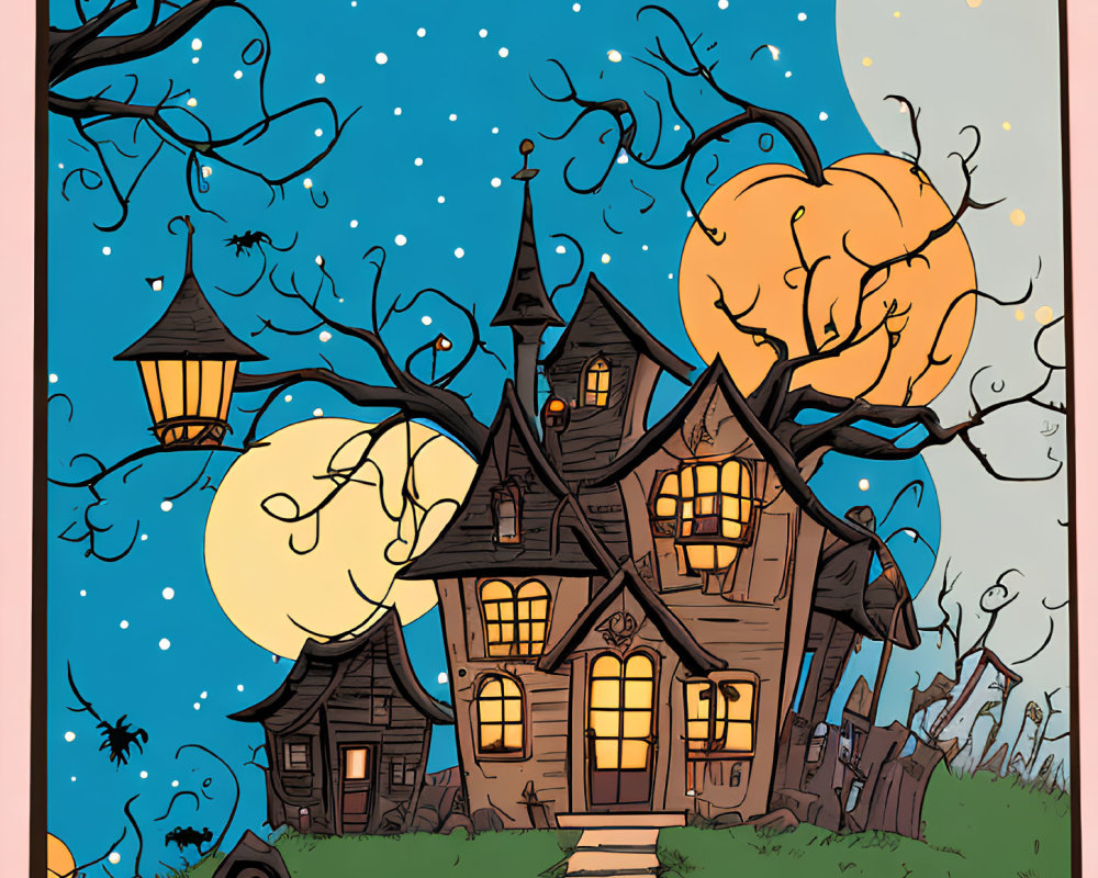 Whimsical haunted house illustration under starry night sky