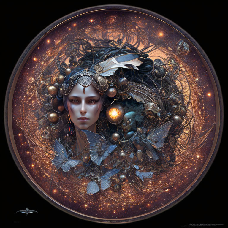 Fantasy portrait of woman with celestial and ornithological motifs