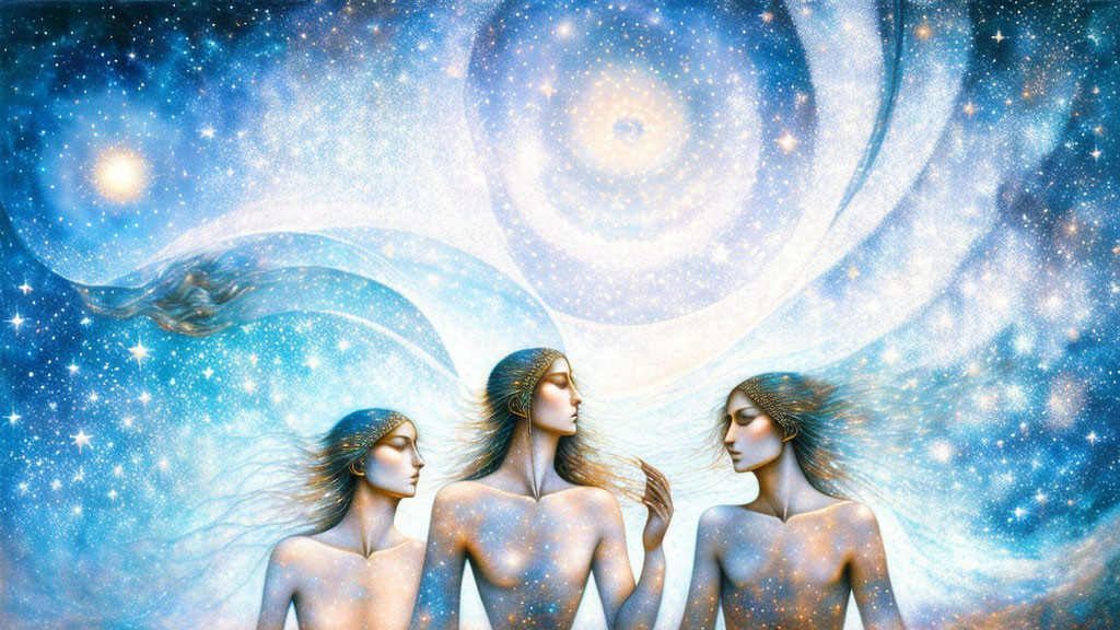 Ethereal women with flowing hair in cosmic background with stars.