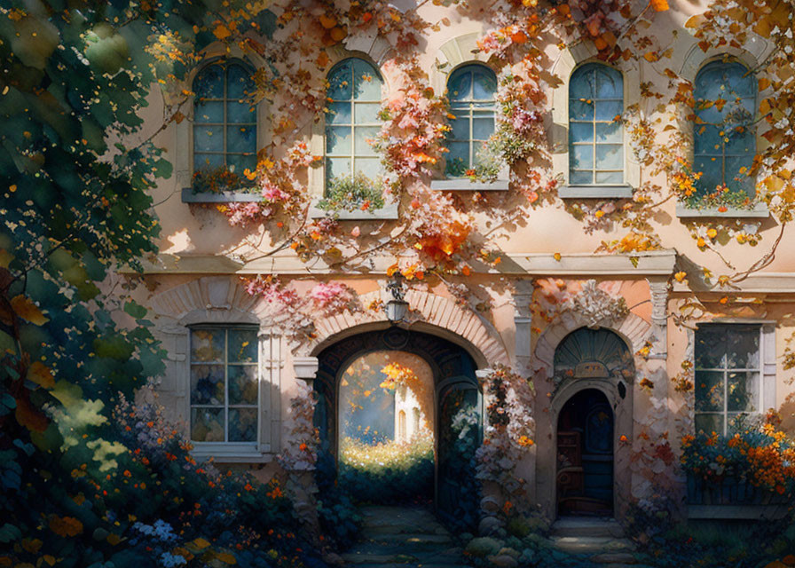 Traditional two-story house with ivy, arched doorway, and colorful foliage under sunlight.