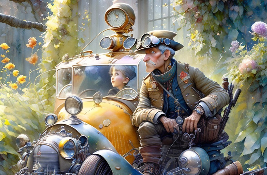 Elderly character in vintage pilot attire with child in steampunk vehicle amidst lush floral scenery