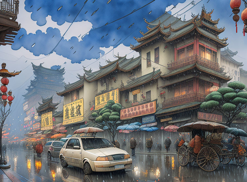 Traditional Chinese architecture and modern vehicles on rain-drenched street.