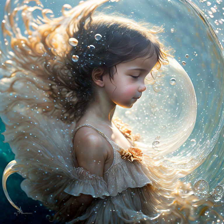 Young girl with flowing hair submerged in water inside a bubble with serene light.