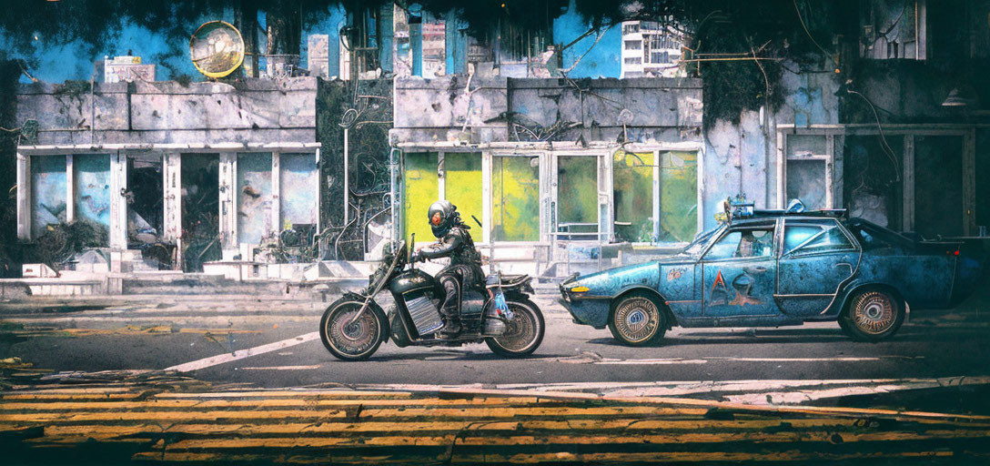 Motorcyclist passing graffiti-covered building and rusty car in post-apocalyptic scene