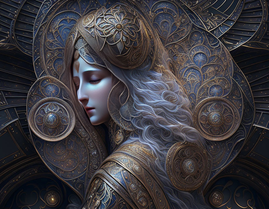 Detailed digital artwork of woman with golden headdress against circular backdrop