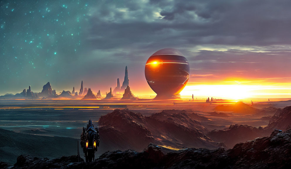 Futuristic dusk landscape with person and hovering sphere amid rock formations