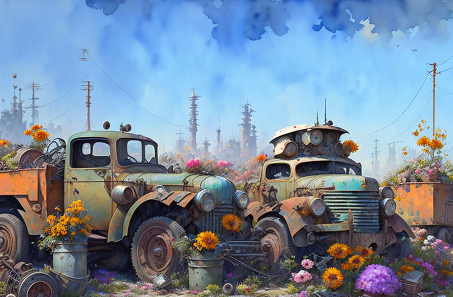 Vintage Trucks Covered in Flowers in Colorful Post-Apocalyptic Scene