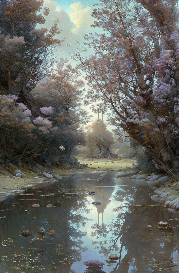 Tranquil river with blossoming trees under pastel sky