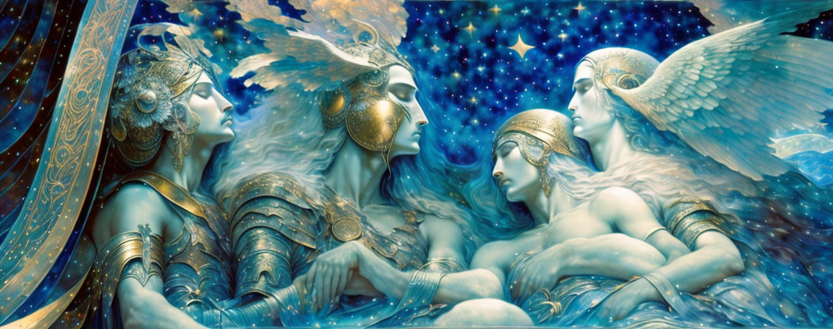 Fantasy art of ethereal beings in winged helmets against a starry backdrop