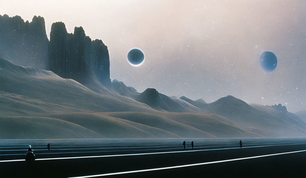 Sci-fi landscape with towering rock formations, figures on sandy surface