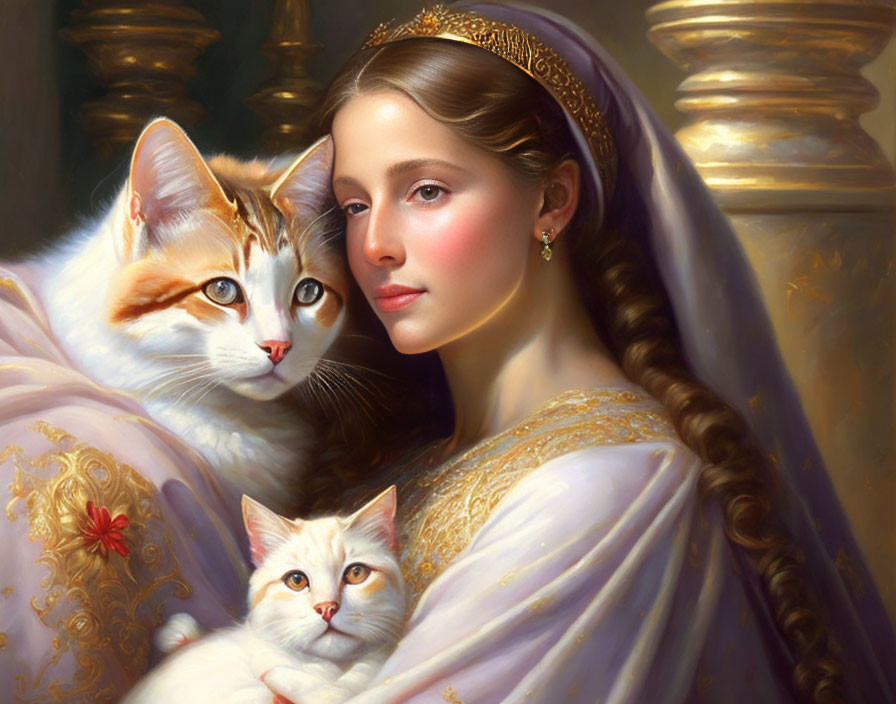 Woman with serene expression holding two white and orange cats in golden attire