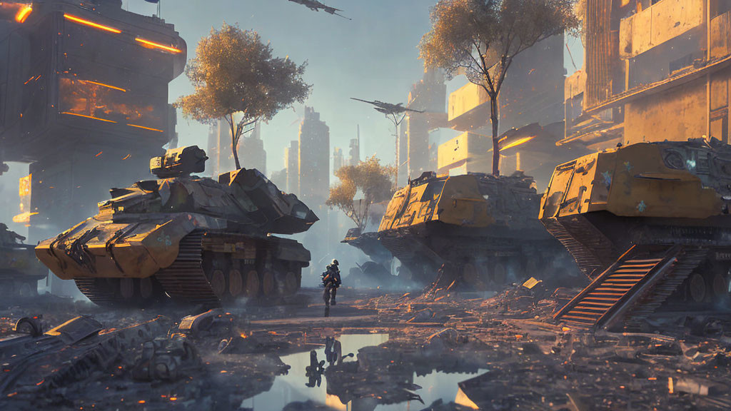 Desolate cityscape with tanks and lone soldier in a futuristic warzone