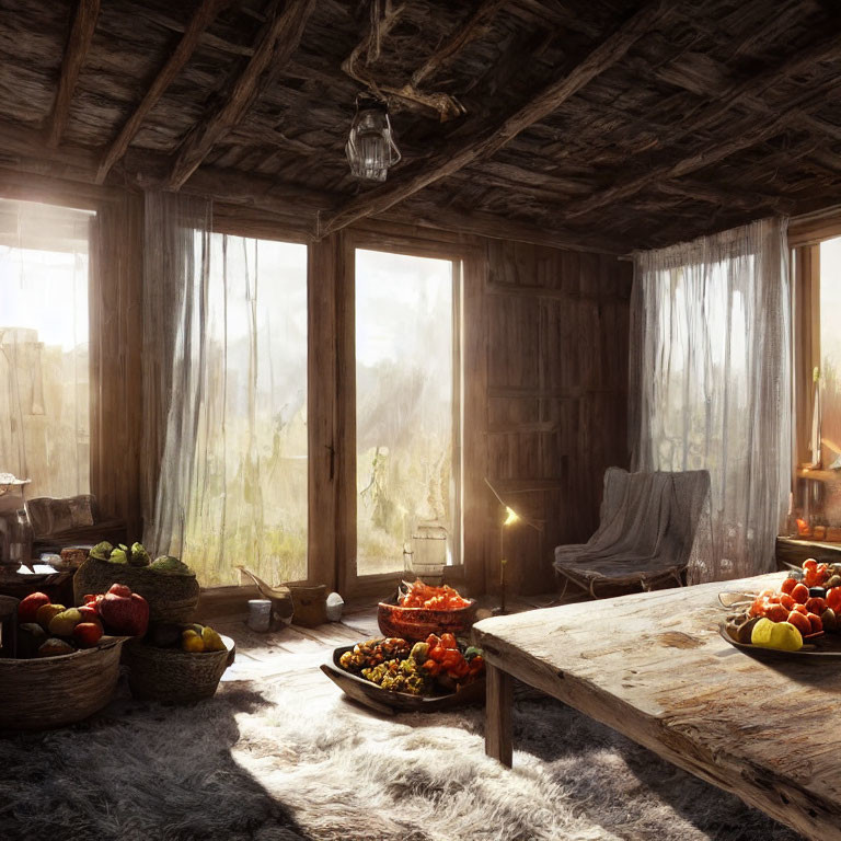 Rustic Wooden Cabin Interior with Sunlit Decor