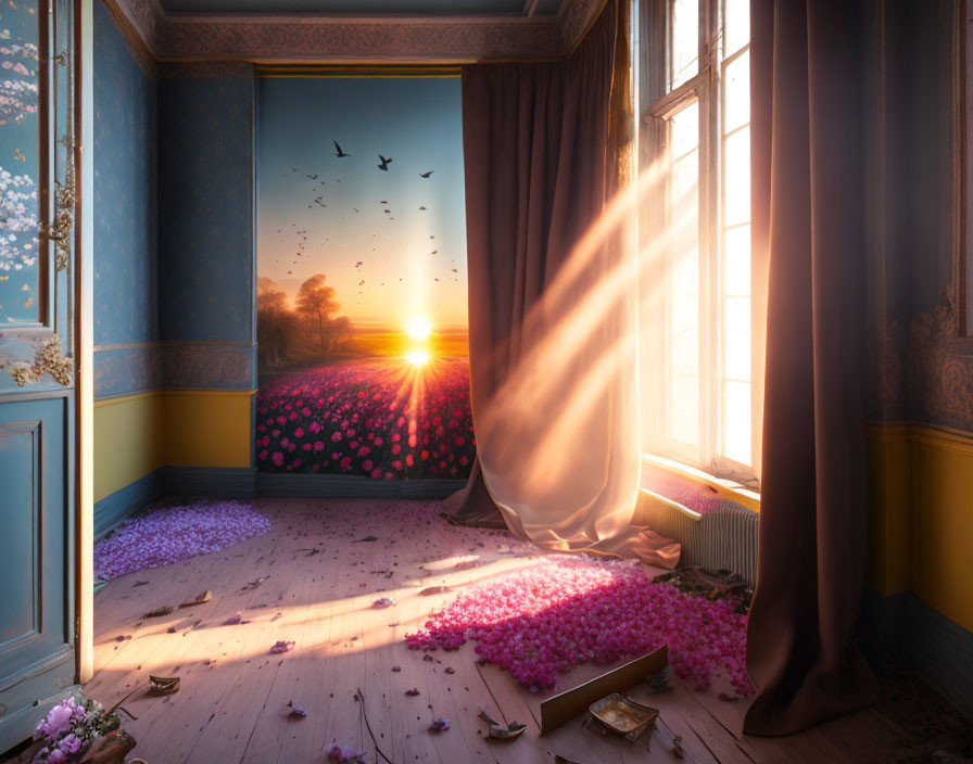 Sunlit ornate room with fluttering curtain and blooming field view