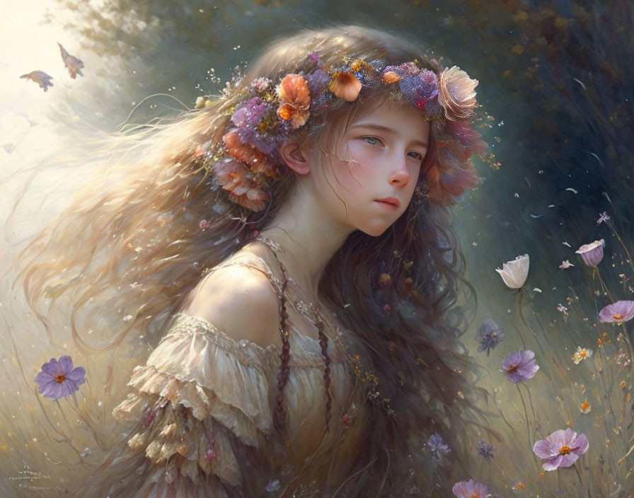 Portrait of young girl with floral wreath, butterflies, and flowers