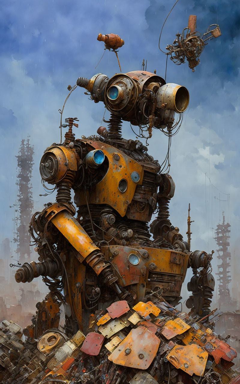 Weathered robot surrounded by debris under cloudy sky with flying robots