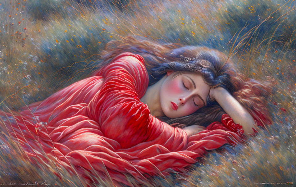 Woman in red garment sleeping in flower meadow evokes tranquility