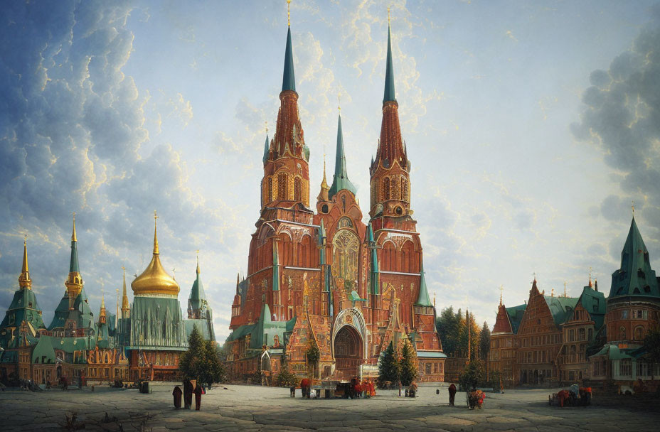 Detailed painting of St. Basil's Cathedral in Moscow with colorful onion domes and ornate towers under