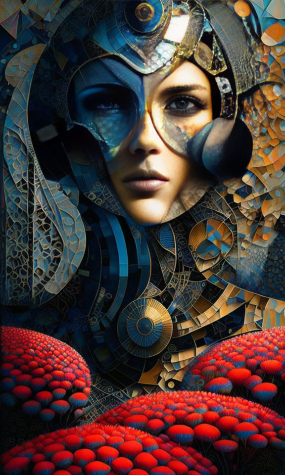 Surreal portrait of woman with mechanical features in blue and bronze palette