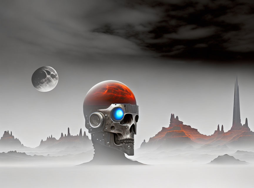 Surreal landscape with robotic skull, spire, and red moon