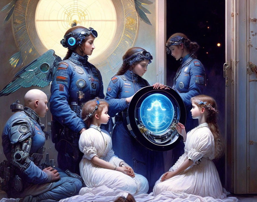 Futuristic individuals in ornate uniforms with glowing orb and mechanical backdrop