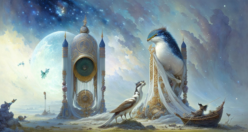 Fantastical landscape with giant bird, boat, and towers under moonlit sky