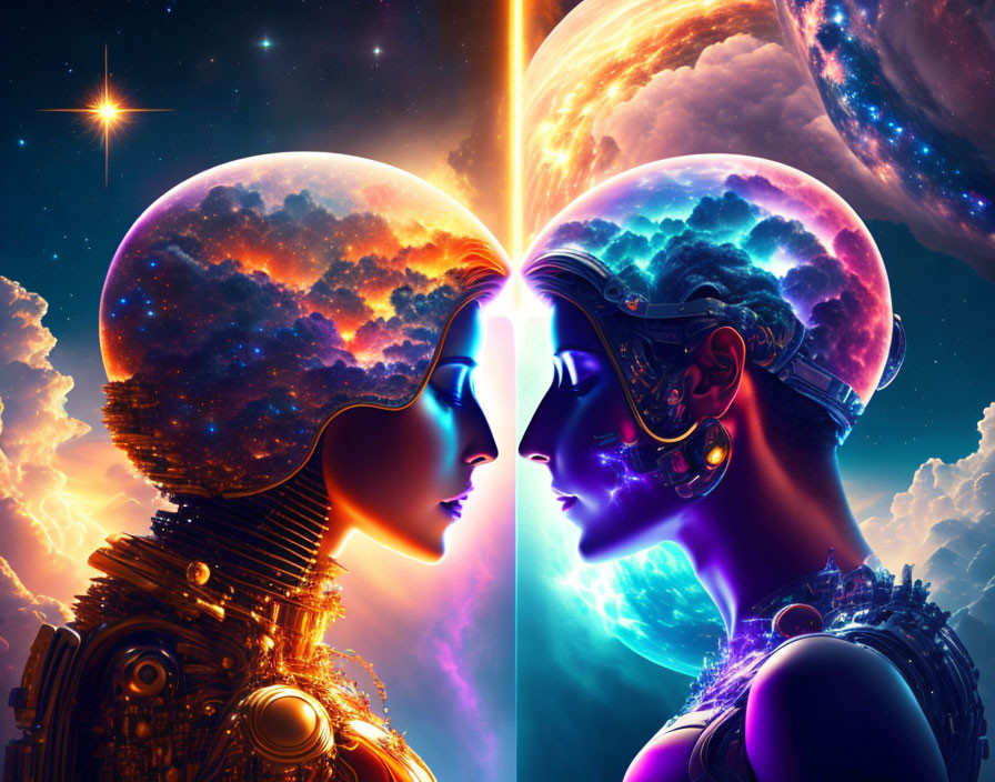 Futuristic male and female faces merge in digital art against cosmic backdrop