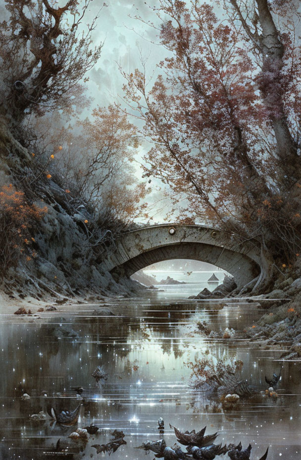 Tranquil fantasy landscape with old stone bridge, river, autumn trees, boats, and misty