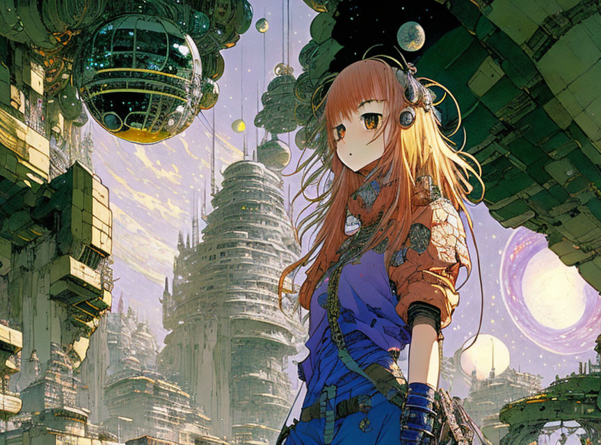 Anime girl with headphones in futuristic cityscape with floating orbs and towering structures