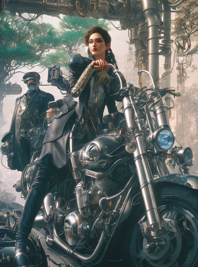 Futuristic woman with prosthetic arm and man on motorcycle in sci-fi cityscape