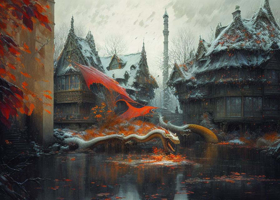 Orange-winged dragon in snowy medieval village with autumn leaves.