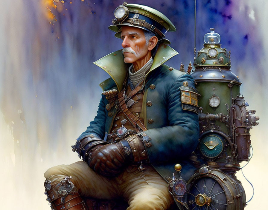 Steampunk-themed illustration of man with mechanical backpack and brass goggles