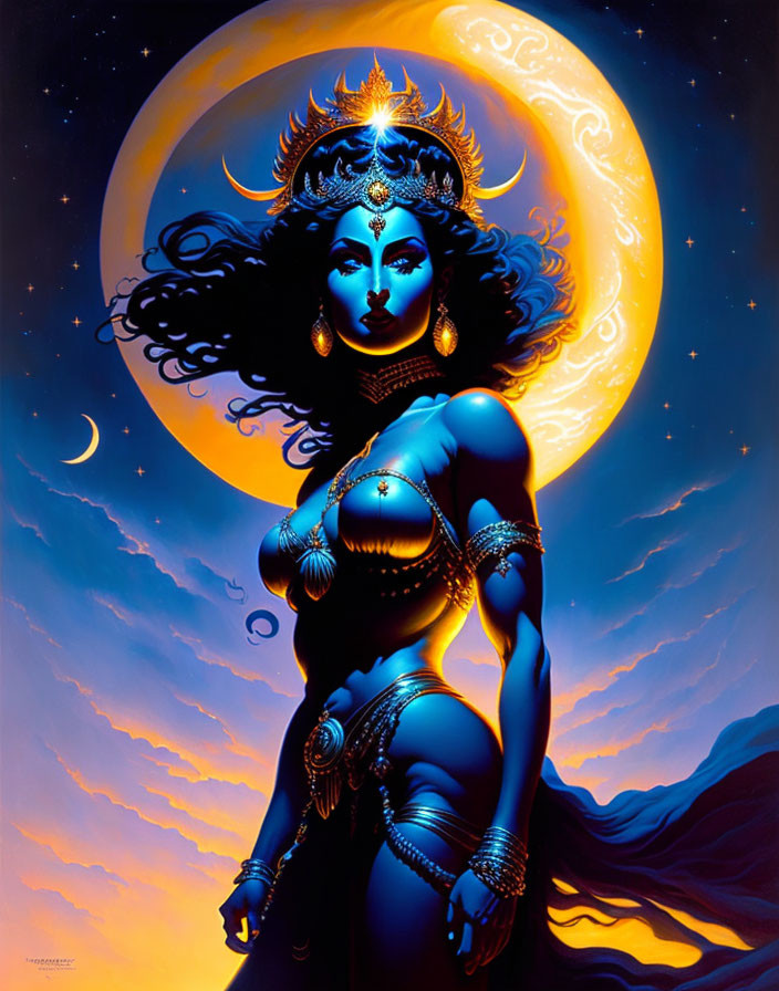 Female Figure with Elaborate Headgear and Jewelry Against Crescent and Full Moon