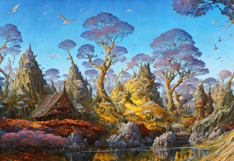 Colorful Fantasy Landscape with Cottage, Trees, Mountains, and Blue Sky