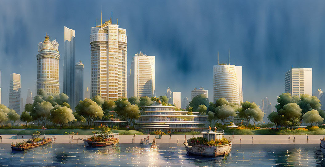 Modern cityscape with skyscrapers, waterfront promenade, boats, and sunrays in the sky