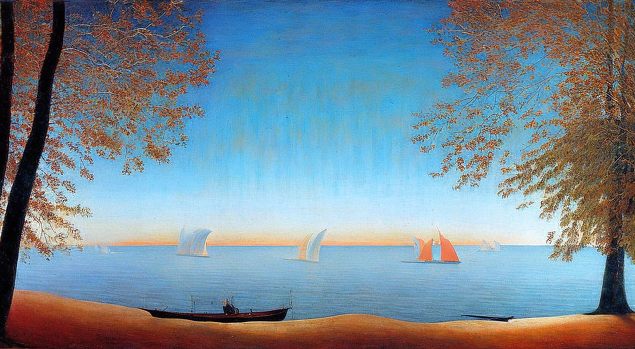 Vivid autumn landscape: blue sky, sailing boats, orange-brown trees, canoe with figures.