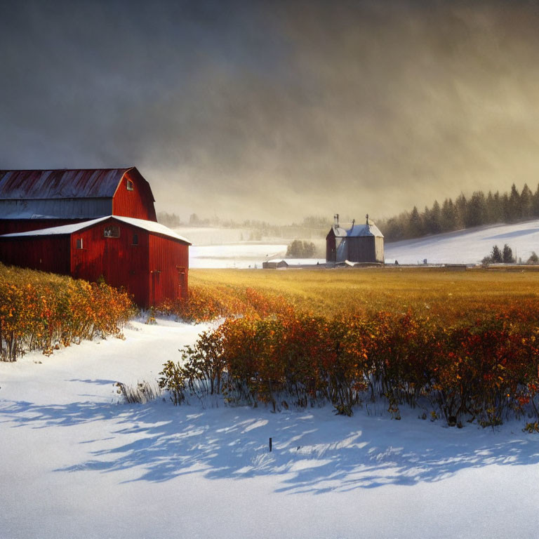 Winter landscape with red barn, snowy field, and moody sky.