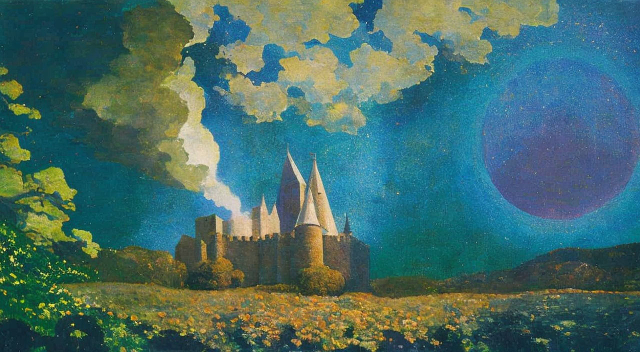 Fantastical painting of castle under starry twilight sky