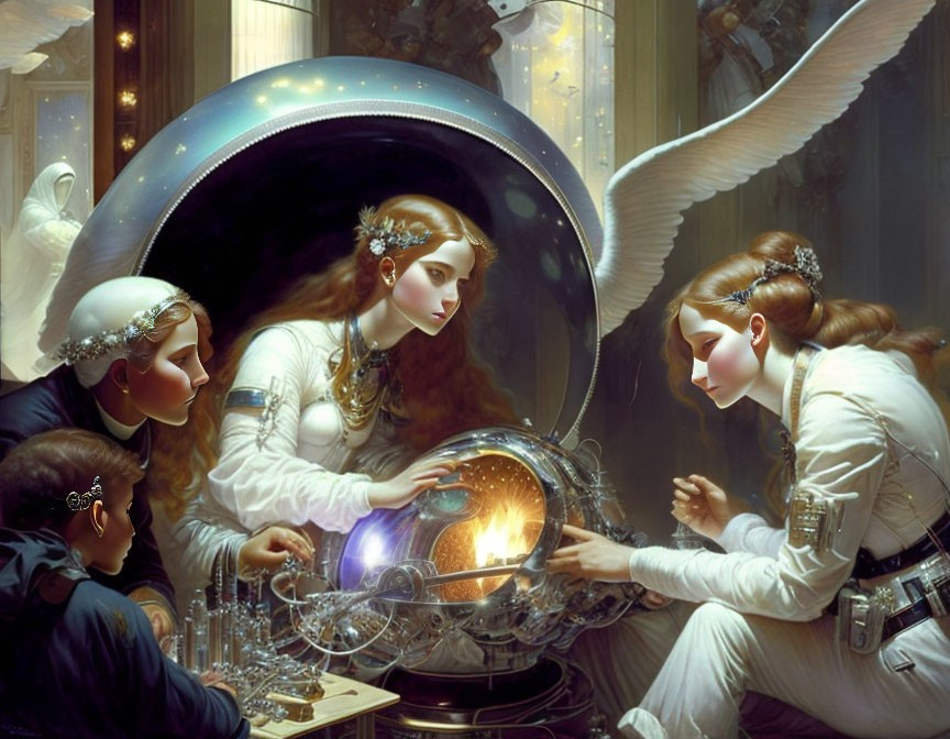 Ethereal figures in ornate attire with glowing orb in futuristic setting