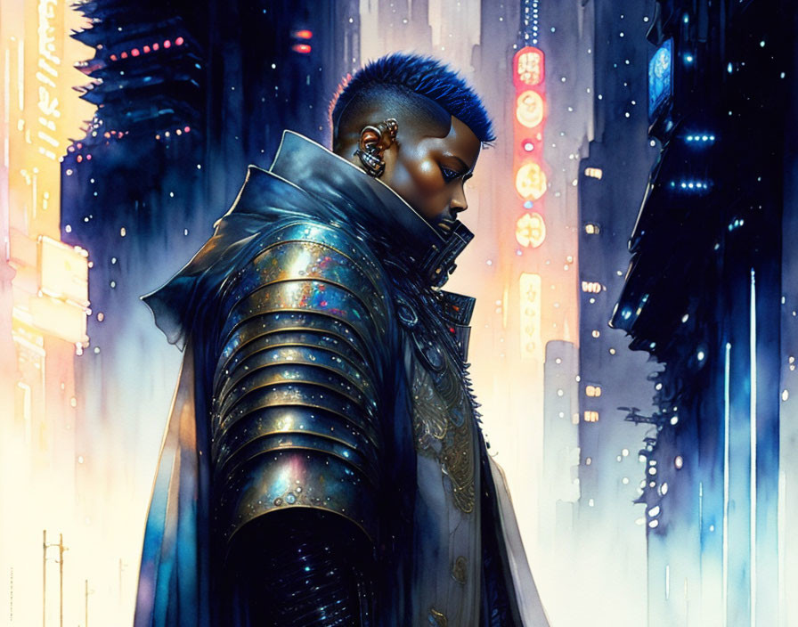 Futuristic warrior with blue mohawk and metallic armor in cyberpunk cityscape.