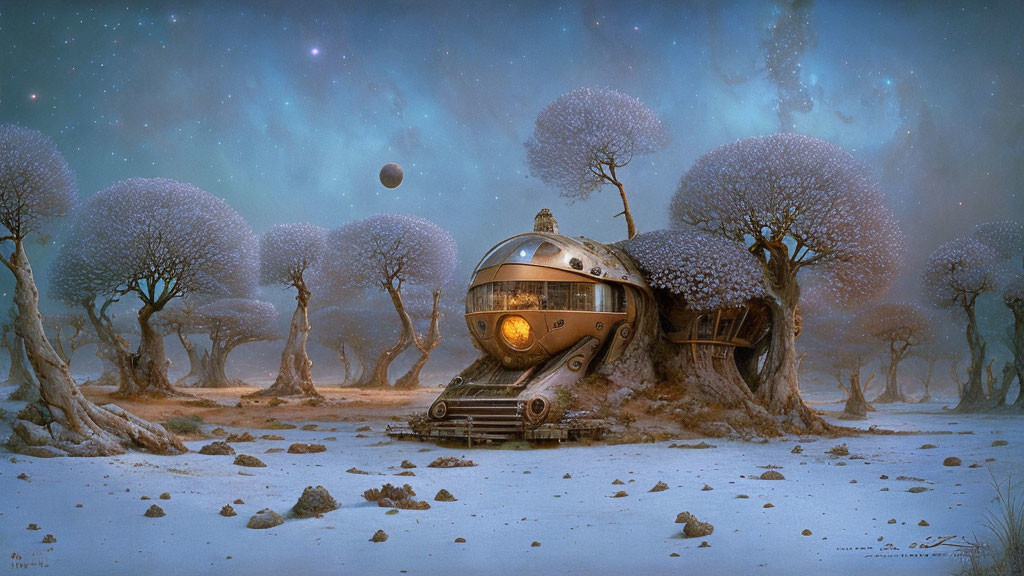 Snowy Trees, Moonlit Sky, Futuristic Spherical House