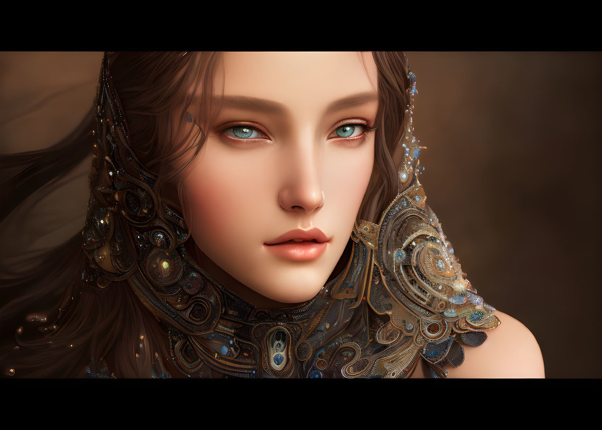 Digital Portrait of Woman with Striking Green Eyes and Intricate Jewelry