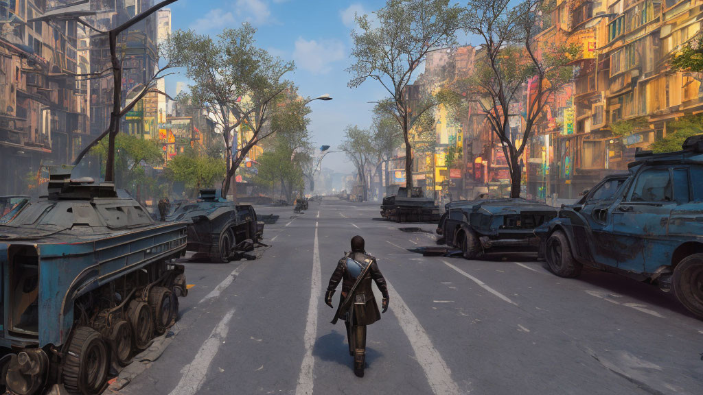 Person in coat walks down abandoned city street with vehicles and derelict buildings under hazy sky