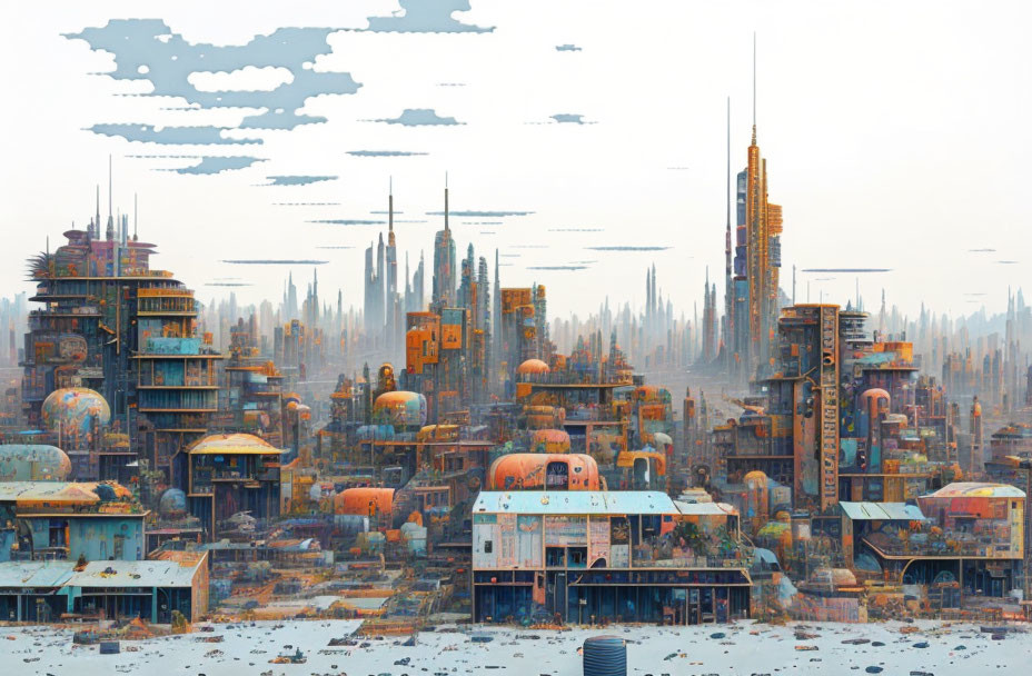 Eclectic futuristic cityscape with high-rises and domed structures under a hazy sky.